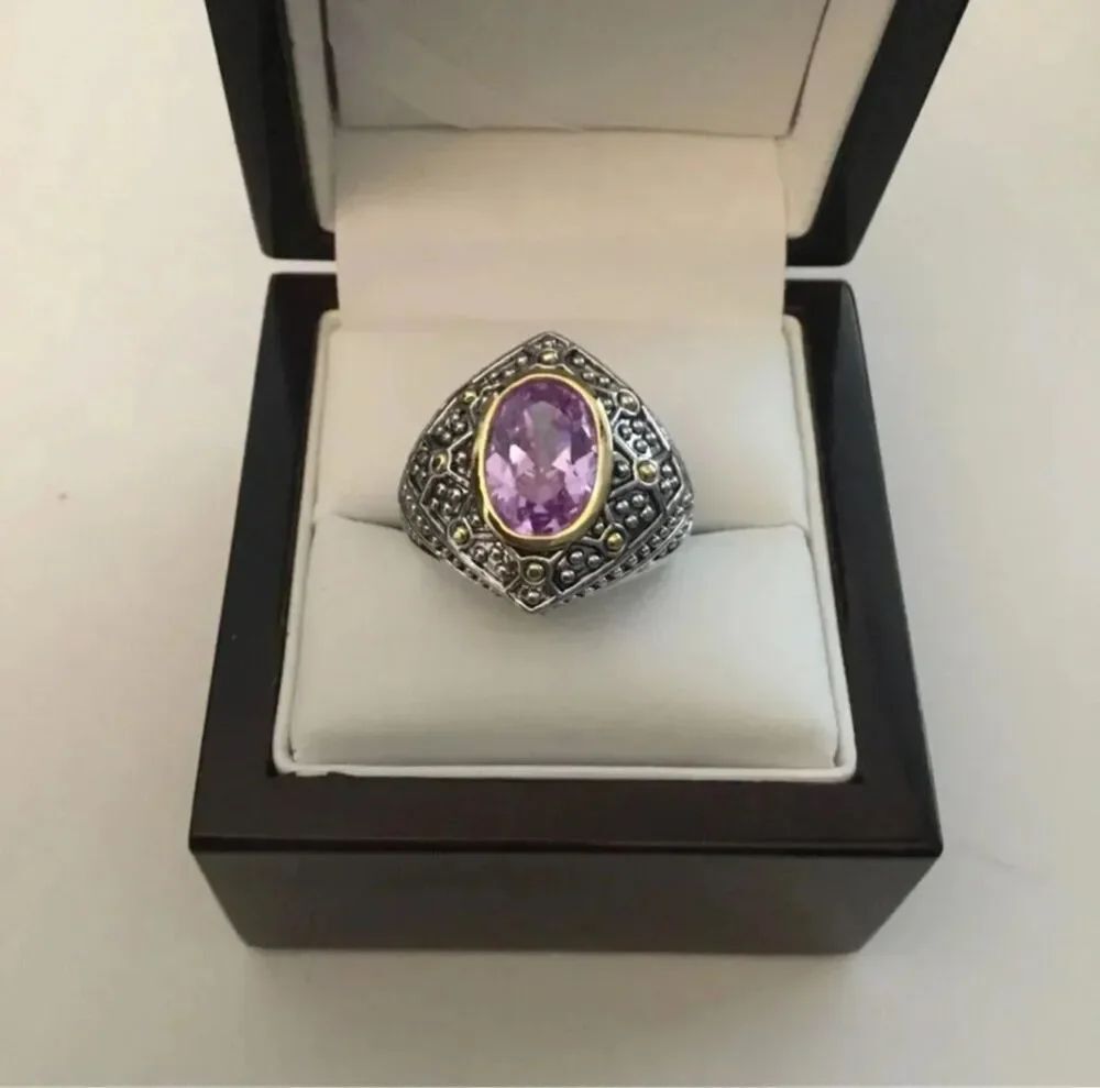 3Ct. 2-Tone Bead Bezel Set Oval Amethyst Ornate Ring Sz 9